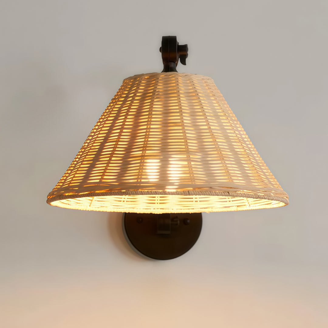 Ergové Japandi Swing Arm Wall Sconce Rattan Iron Black 11.8 Inch