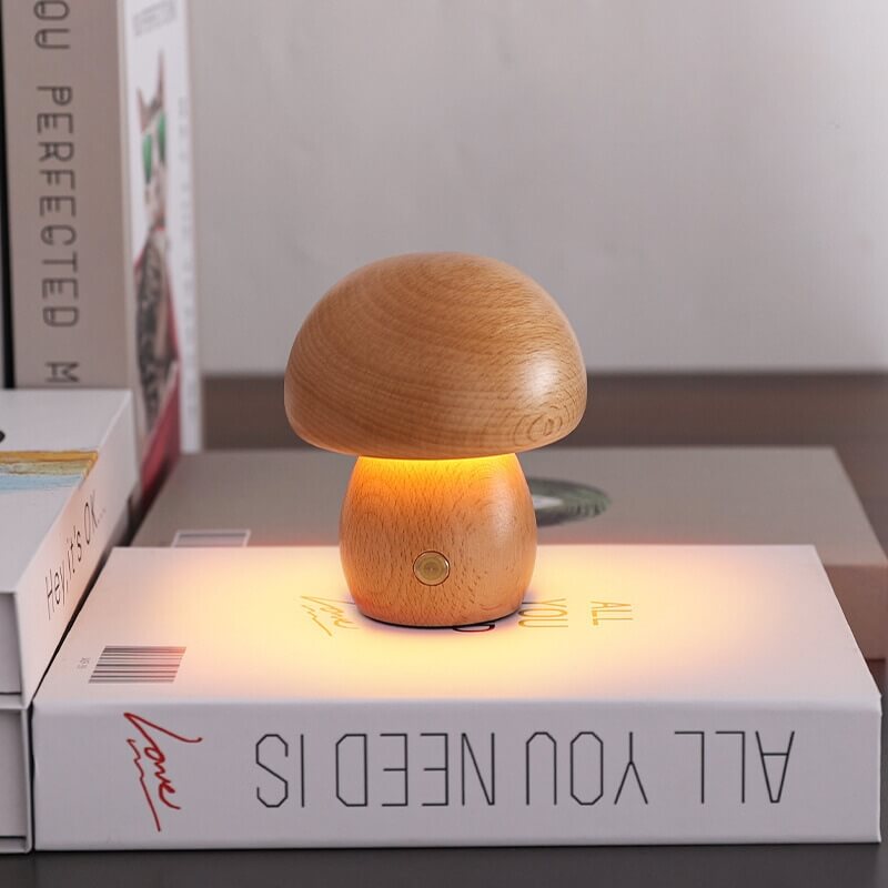 Cordless Wood Mushroom Lamp, Bedside Glow