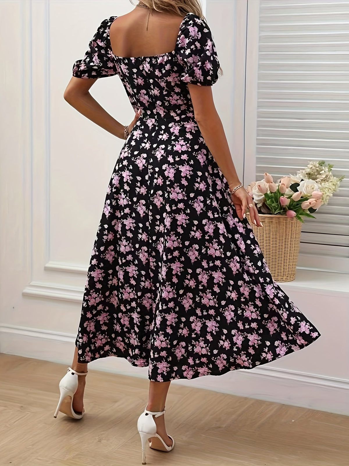 Floral Puff-Sleeve A-Line Wedding Guest Dress
