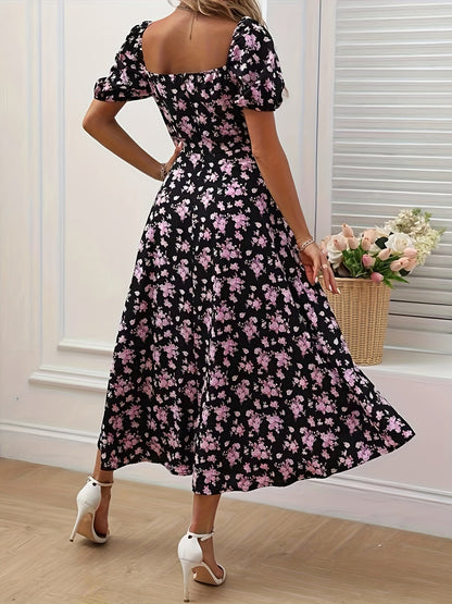Floral Puff-Sleeve A-Line Wedding Guest Dress