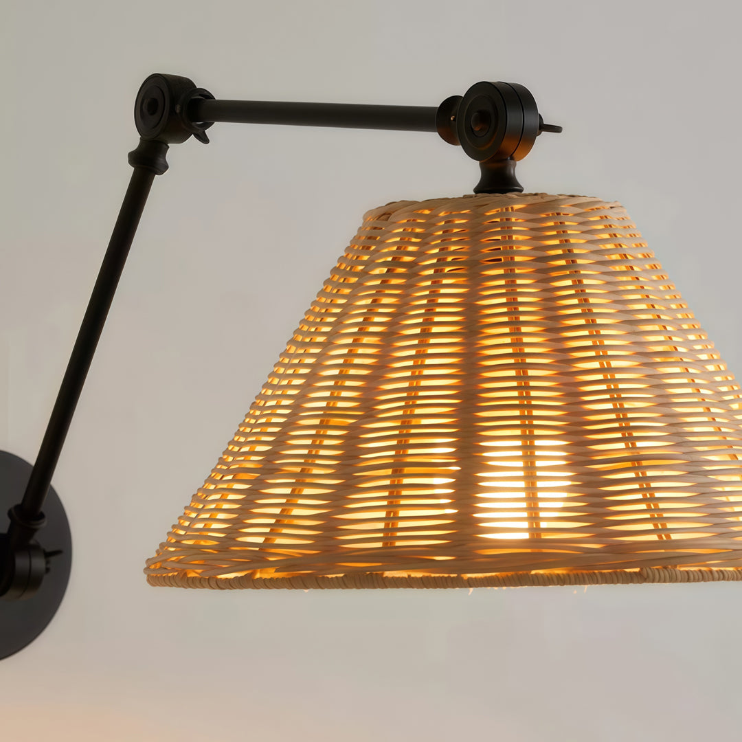 Ergové Japandi Swing Arm Wall Sconce Rattan Iron Black 11.8 Inch