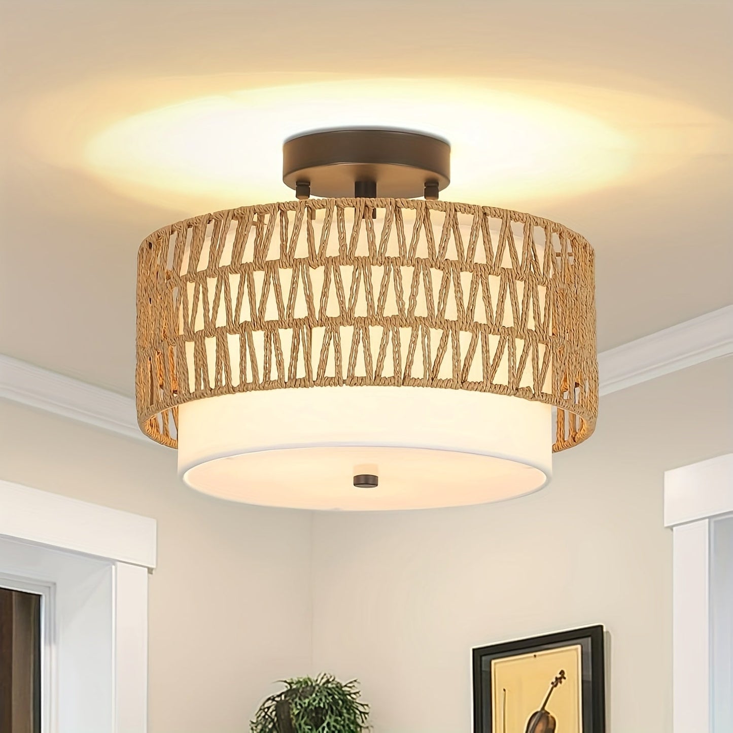 Woven Rattan Ceiling Light with Linen Glow