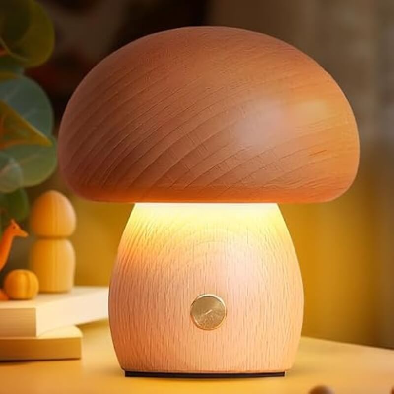 Cordless Wood Mushroom Lamp, Bedside Glow