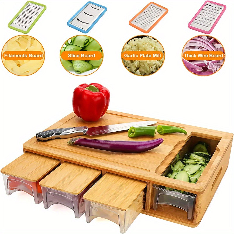 Bamboo Cutting Board with 4 Blades & Trays