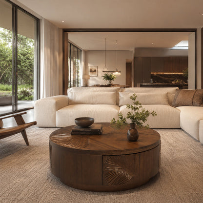Carved Ginkgo Leaf Round Walnut Coffee Table