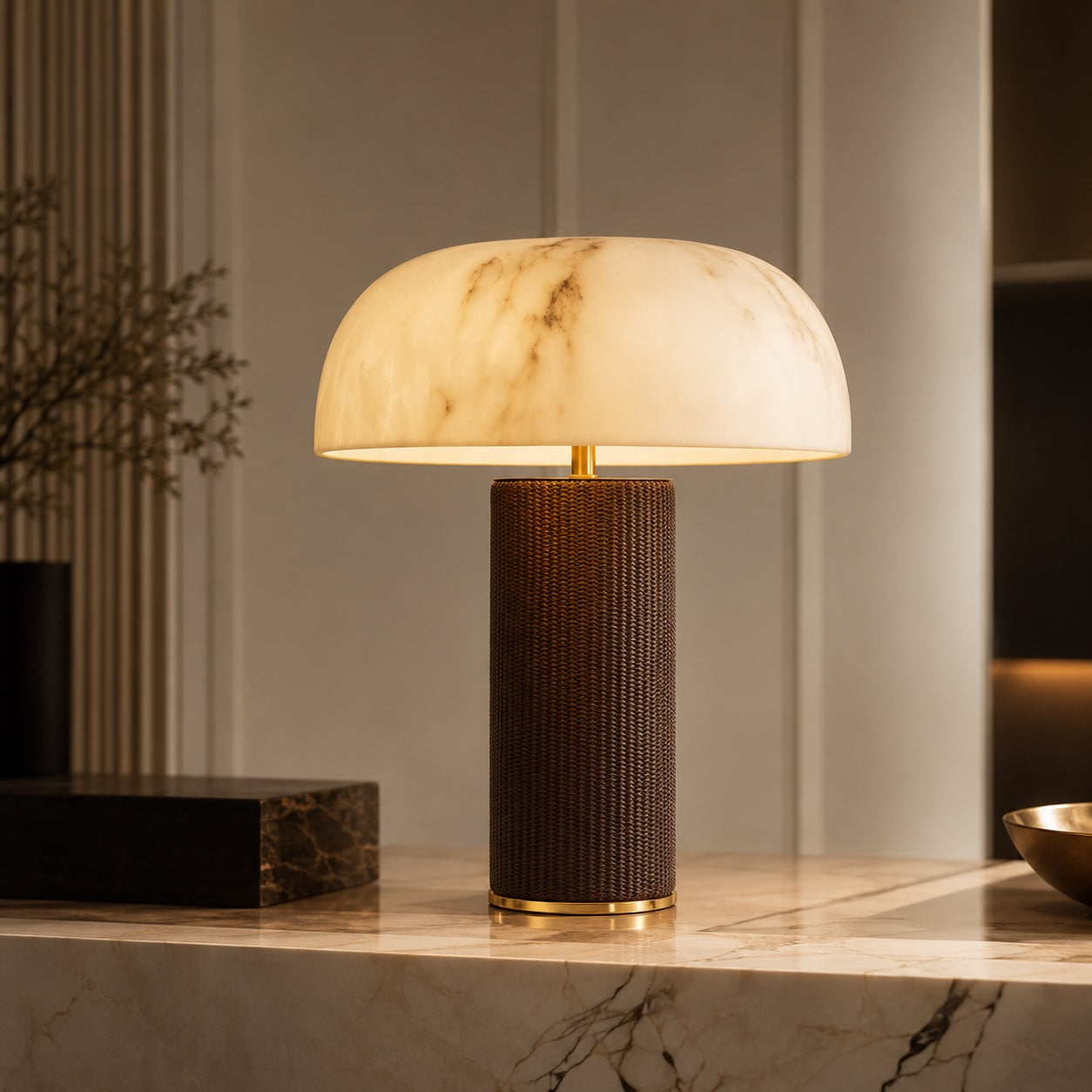 Modern Leather Base and Faux Alabaster Shade Table Lamp