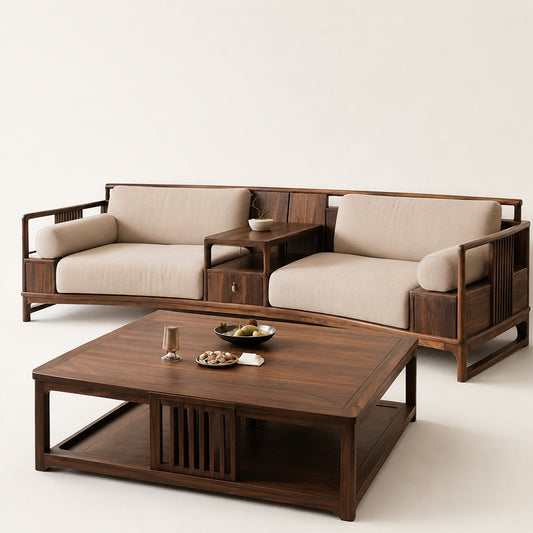 Curved Walnut & Beige Linen Modular Sofa