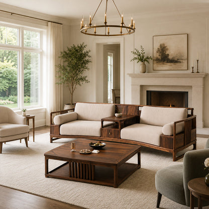 Curved Walnut & Beige Linen Modular Sofa