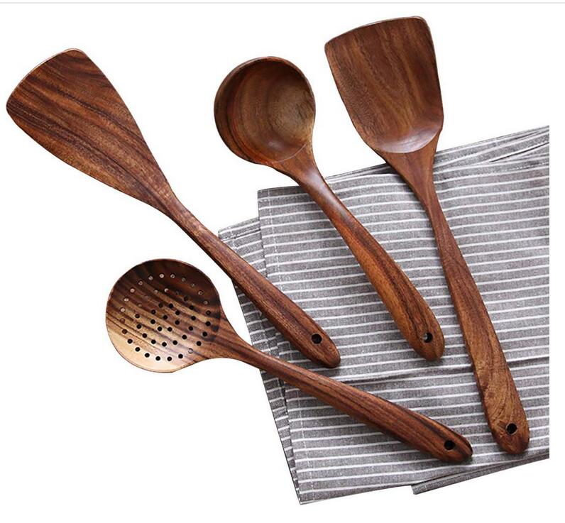 Teak Wood Utensil Set, 4 Non-Scratch Pieces