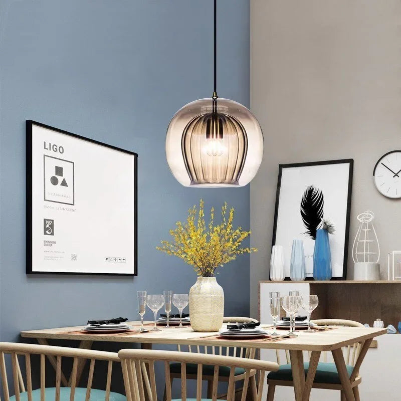 LuxeSphere Ribbed Glass Pendant