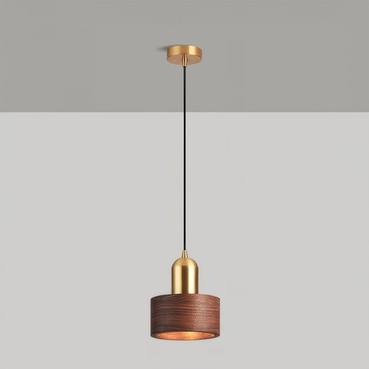 Cylinder Pendant Light | Japanese-Style Walnut & Brass Hanging Lamp