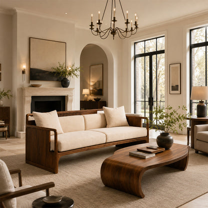 Organic Modern Walnut & Beige Linen Sofa