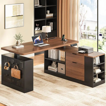 Nexus Electric L-Shaped Standing Desk with Shelving & Power Hub