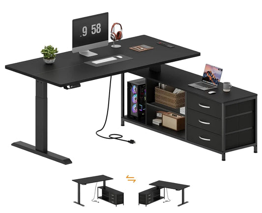 Premium L-Shaped Electric Standing Desk with Integrated Storage & Charging Station