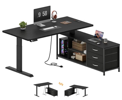 Premium L-Shaped Electric Standing Desk with Integrated Storage & Charging Station