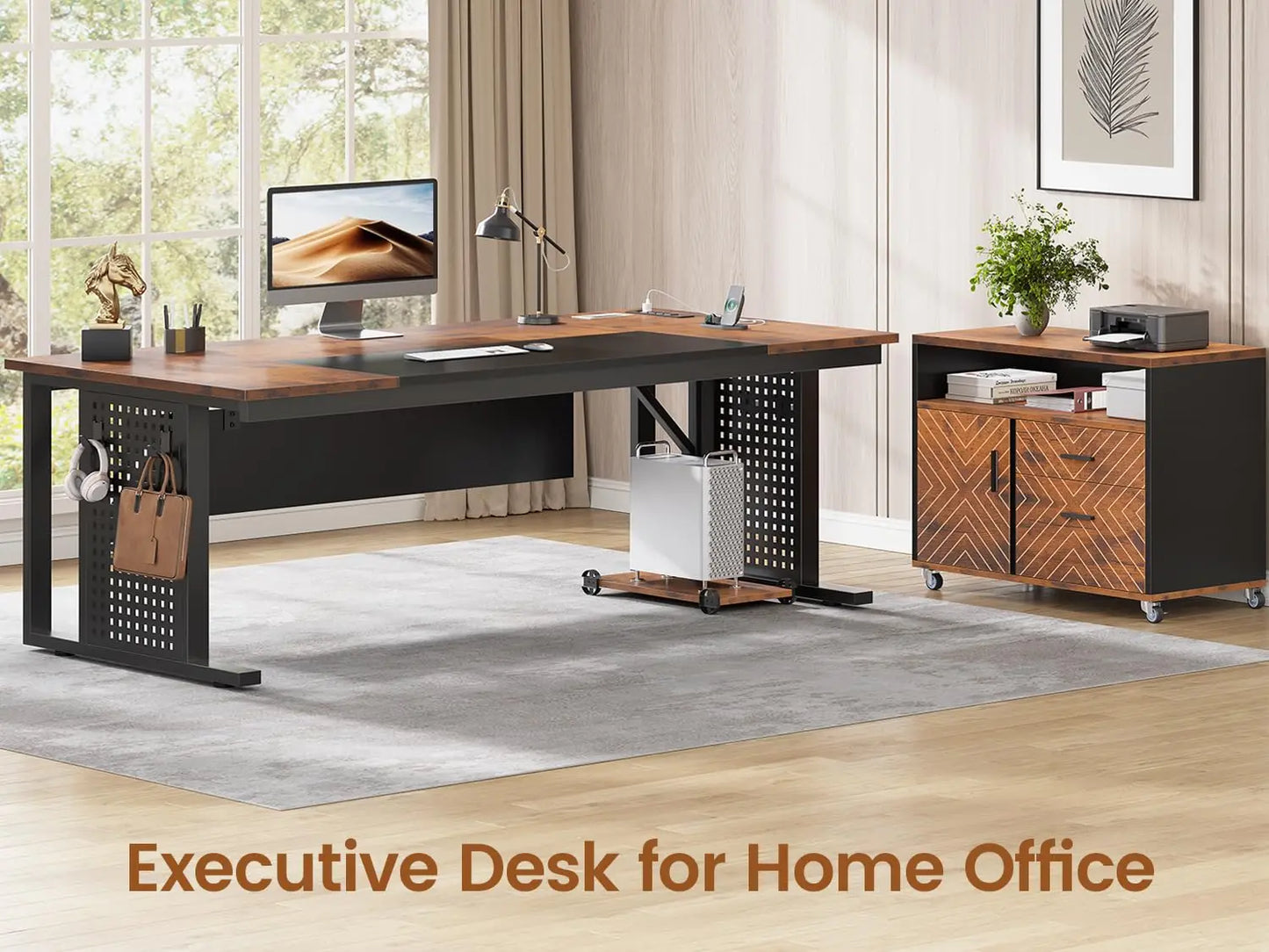 Rustic L-Shaped Executive Desk with Rolling Cabinet