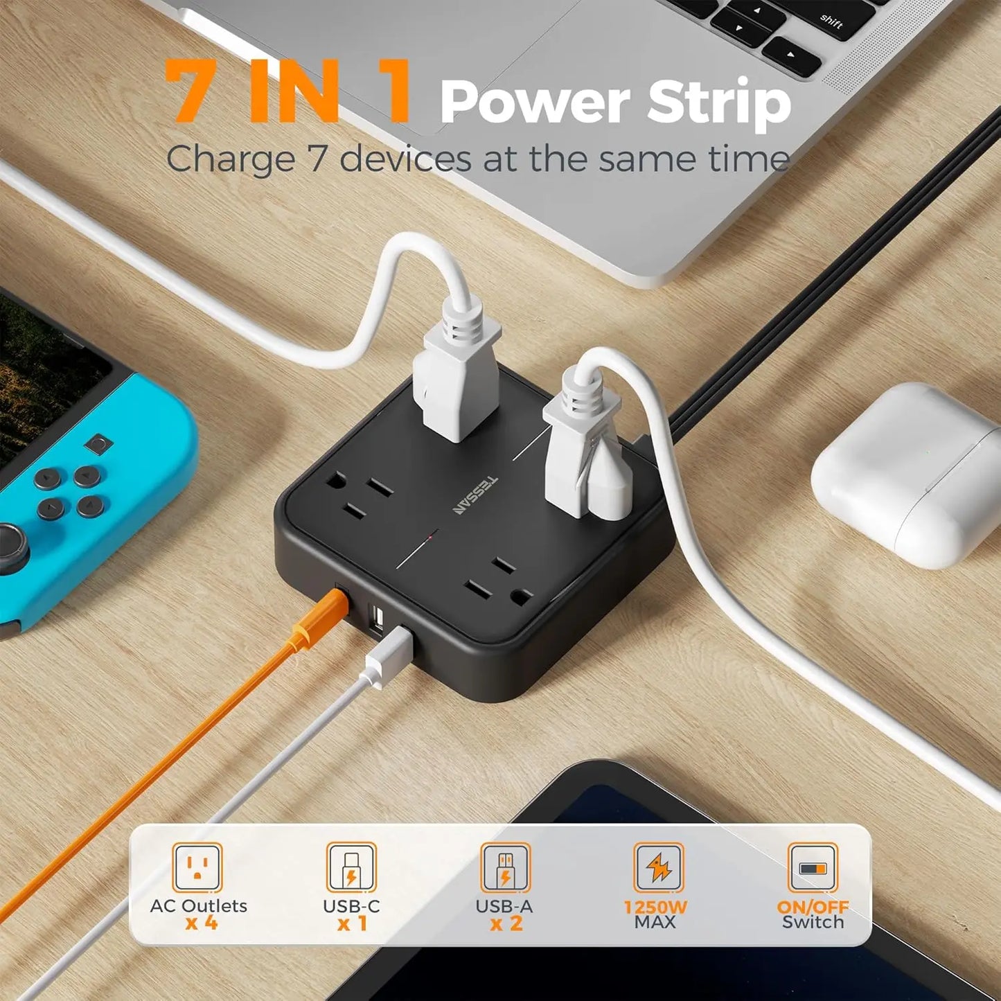 TESSAN Flat Plug Power Strip