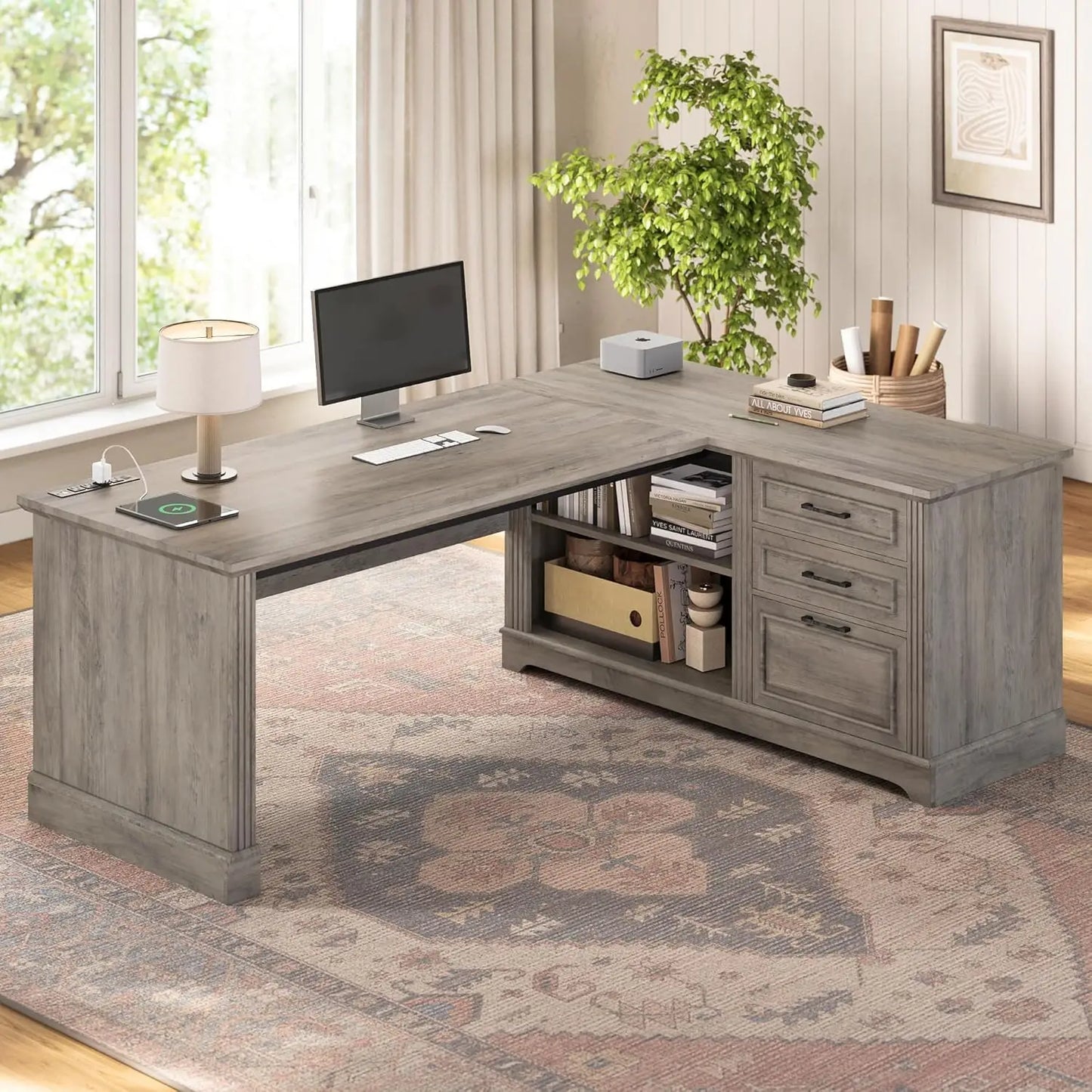 Farmhouse L-Shaped Desk with File Drawer & Built-In Charging Station