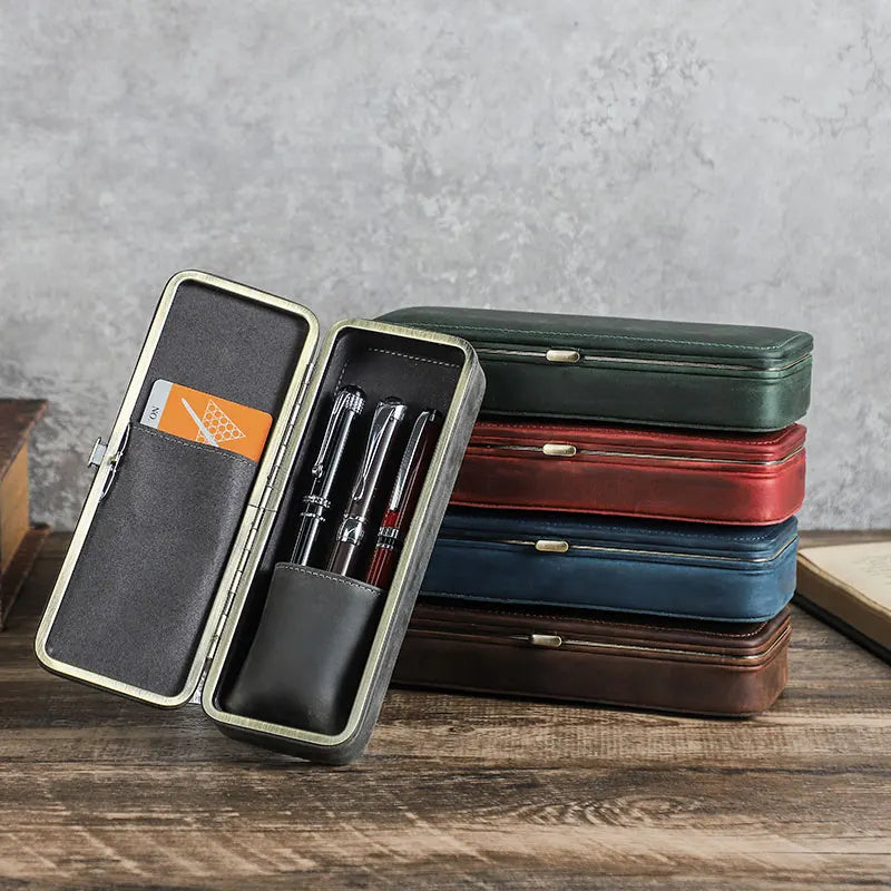 Vintage 3-Slot Leather Pen Case