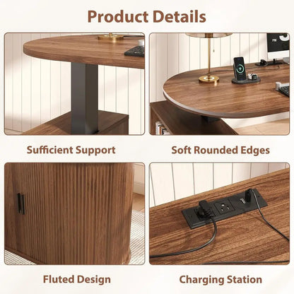 Walnut L-Shaped Standing Desk with Storage Cabinet & Bookshelf
