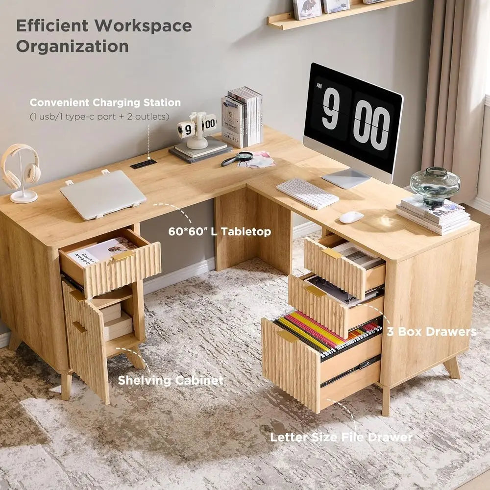 L-Shaped Desk with Charging Station