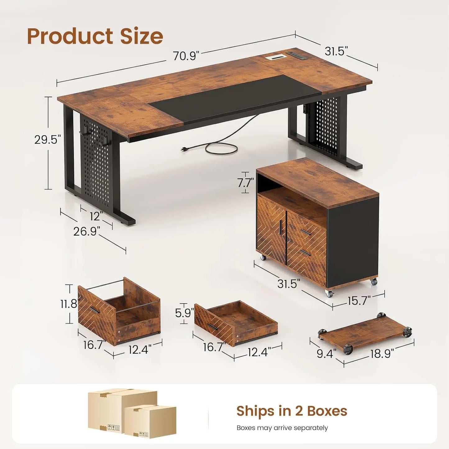 Rustic L-Shaped Executive Desk with Rolling Cabinet