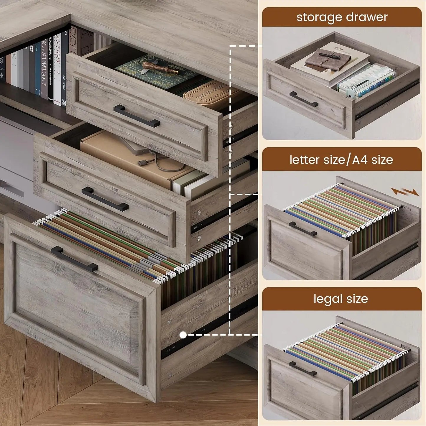 Farmhouse L-Shaped Desk with File Drawer & Built-In Charging Station