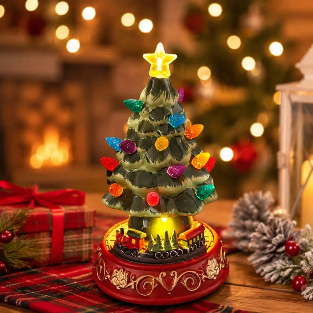 Lighted Ceramic Christmas Village Tree | LED Tree with Rotating Train Base