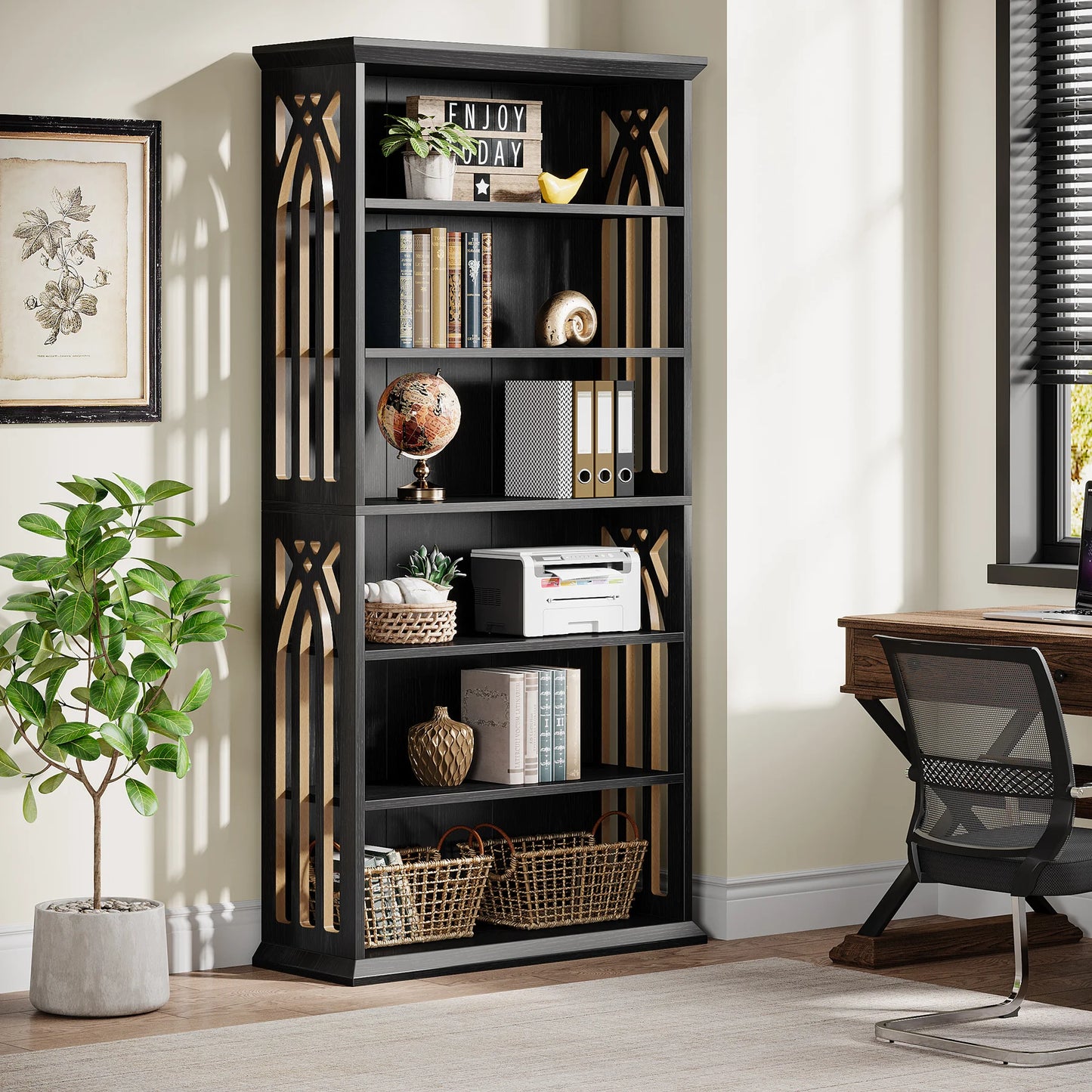 Ashcroft 6-Tier Bookcase with Adjustable Shelves & Storage Cabinet