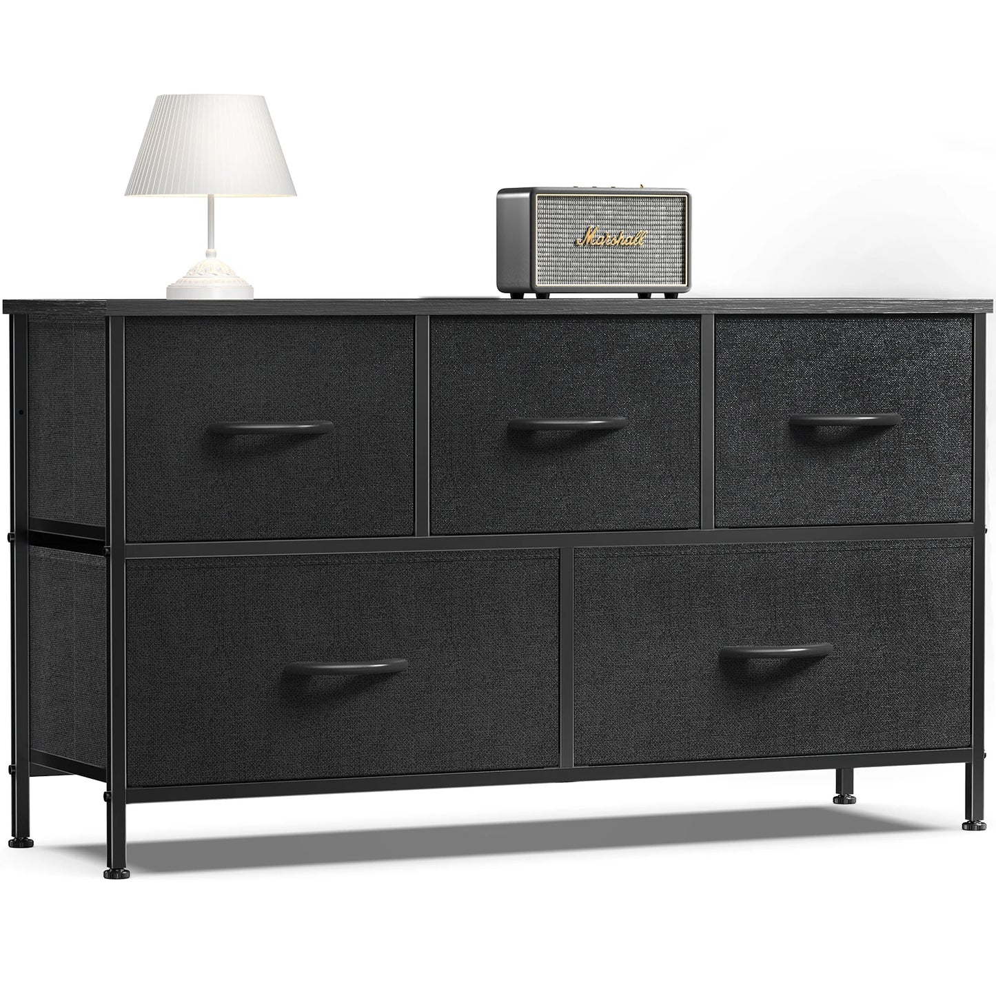 Modern 5-Drawer Storage Cabinet with Wood Top & Metal Frame