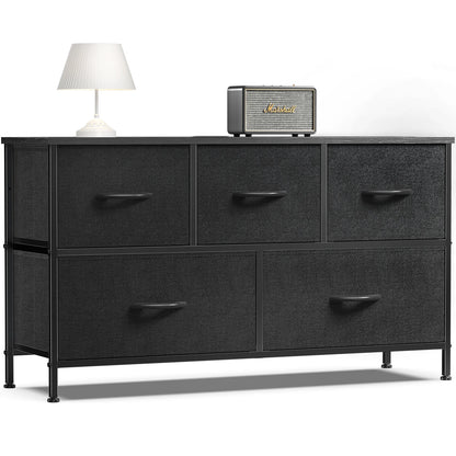 Modern 5-Drawer Storage Cabinet with Wood Top & Metal Frame