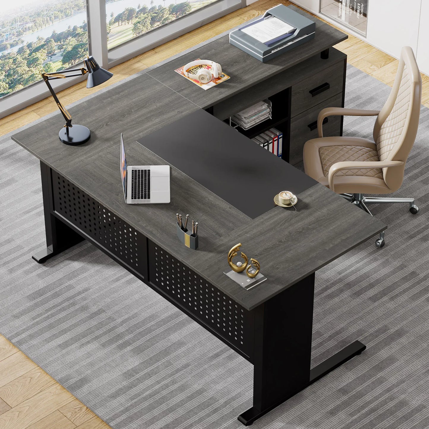Parkview L-Shaped Executive Desk with Storage Cabinet & File Drawer