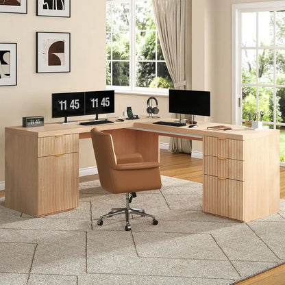 Oak L-Shaped Desk with Charging Station