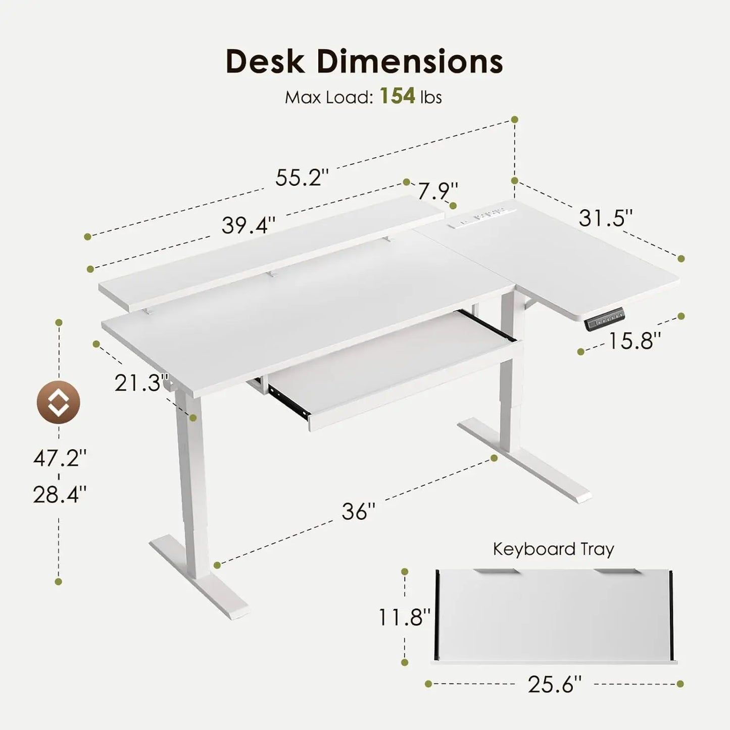 Electric L-Shaped Standing Desk with Keyboard Tray & Charging Station