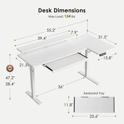 Electric L-Shaped Standing Desk with Keyboard Tray & Charging Station