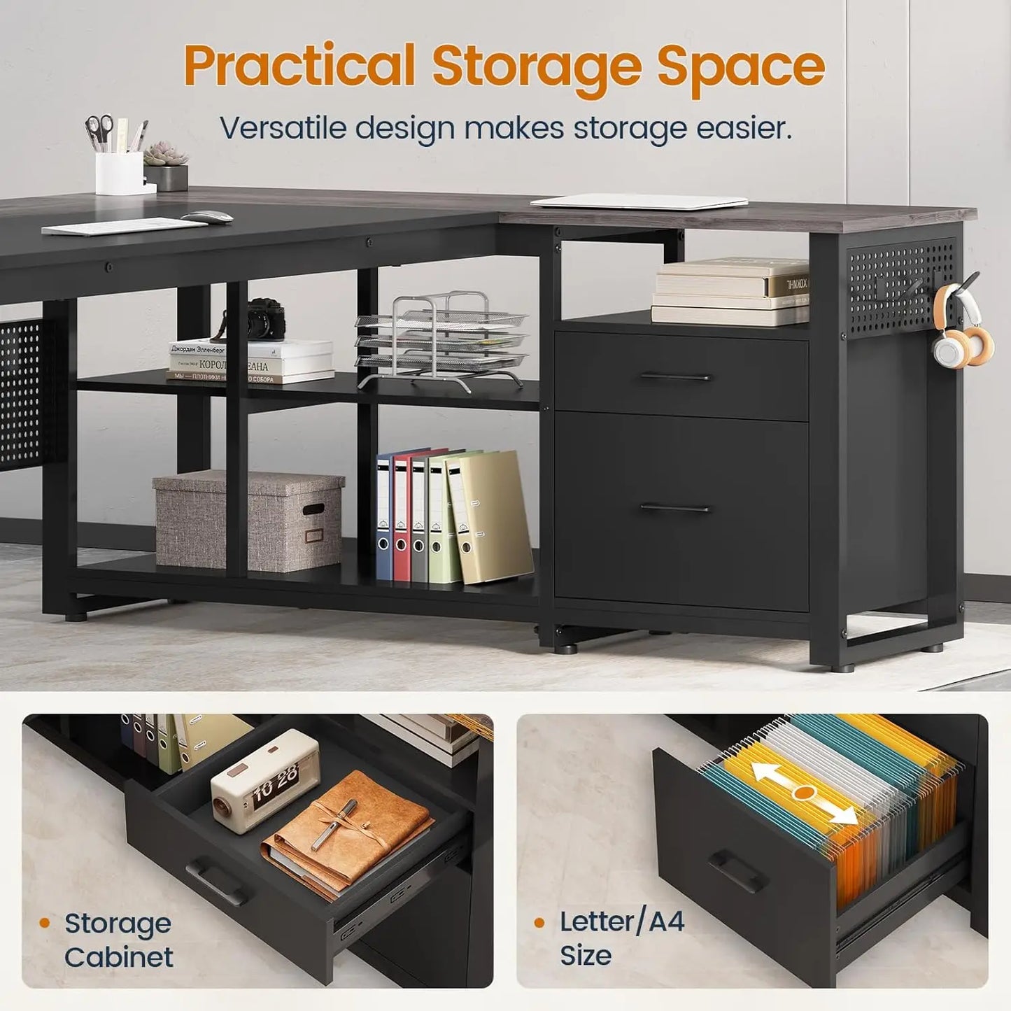 Valmere L-Shaped Desk with Storage Cabinet, File Drawer & Charging Station