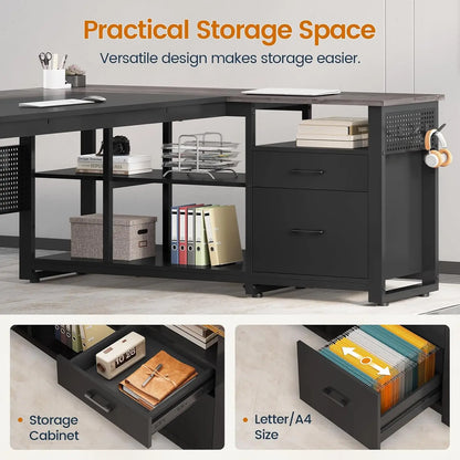 Valmere L-Shaped Desk with Storage Cabinet, File Drawer & Charging Station