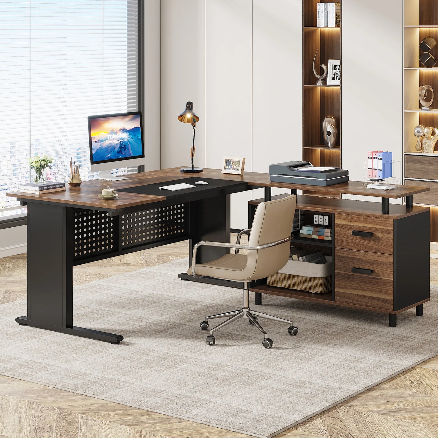 Parkview L-Shaped Executive Desk with Storage Cabinet & File Drawer