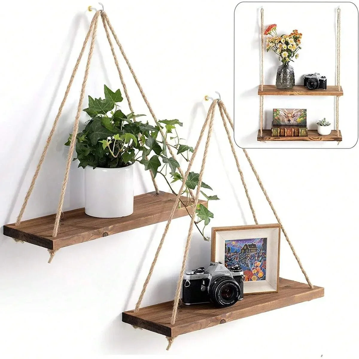 Wooden Hemp Rope Hanging Shelf