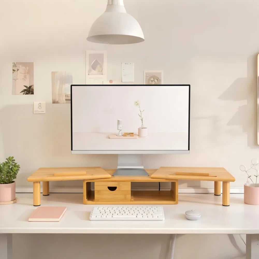 Adjustable Bamboo Dual Monitor Stand with Storage Drawer