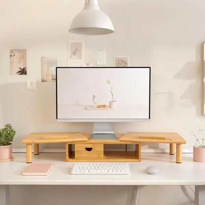 Adjustable Bamboo Dual Monitor Stand with Storage Drawer