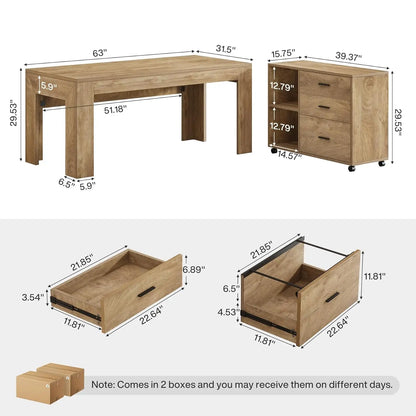 63" Executive L-Shaped Desk with Rolling File Cabinet