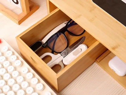 Adjustable Bamboo Dual Monitor Stand with Storage Drawer