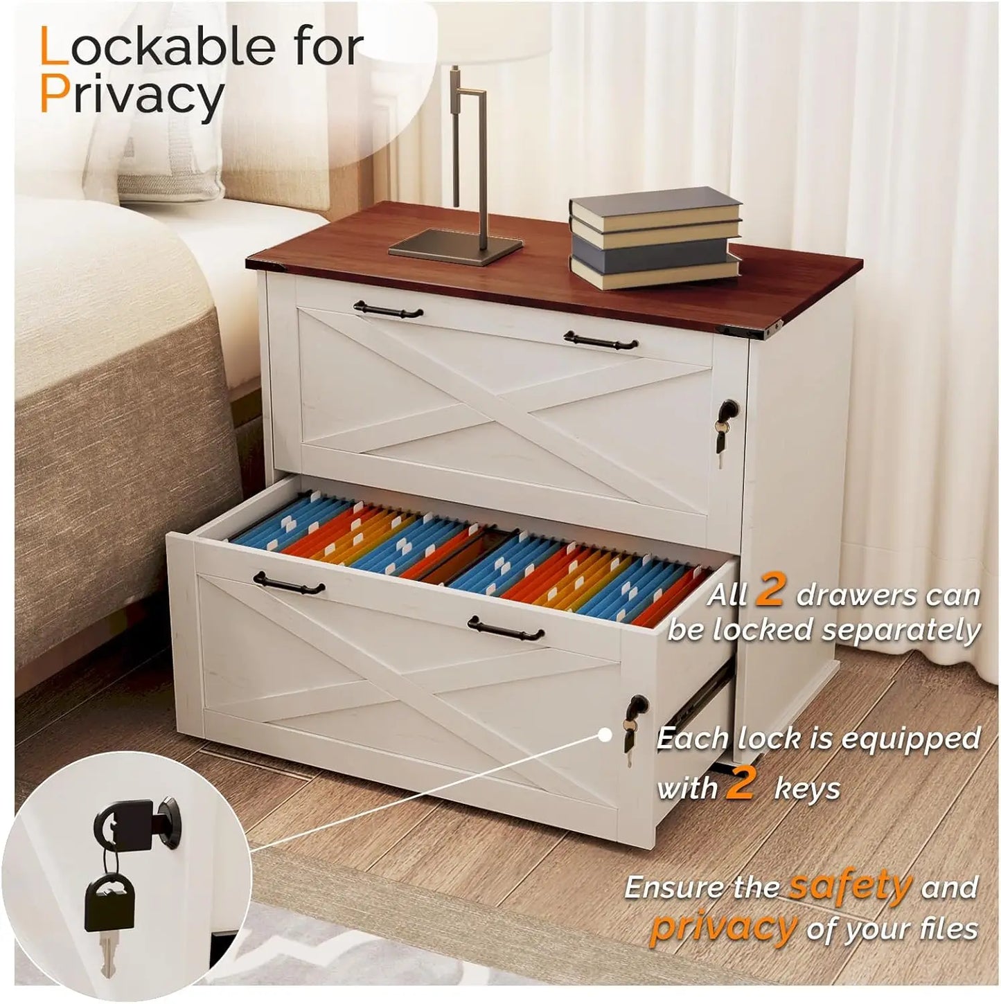 Farmhouse Locking Filing Cabinet with Barn Door Design