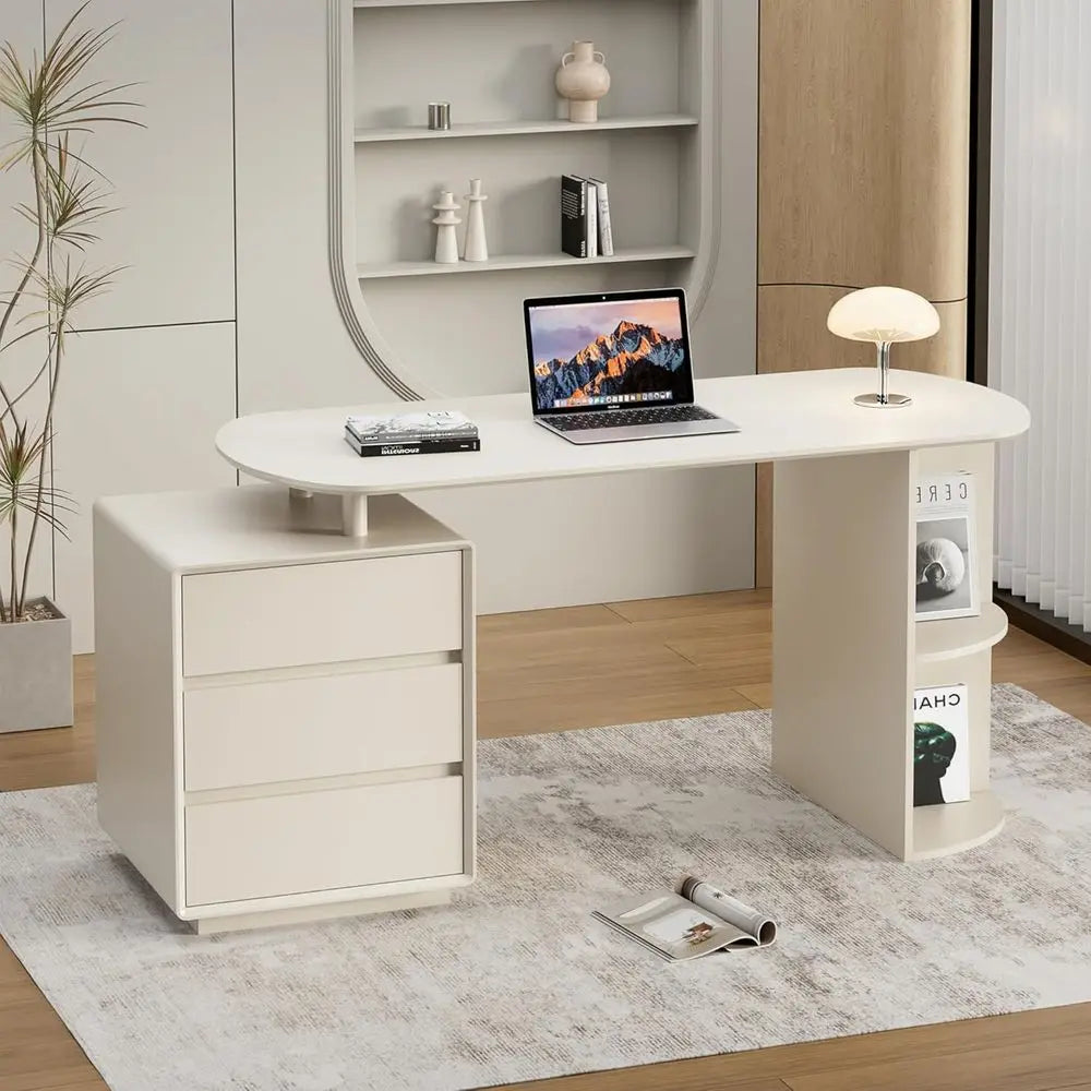 Cream White Desk with Storage Shelves