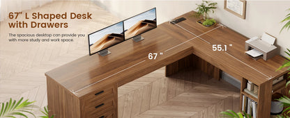 Farmhouse L-Shaped Desk with File Drawer & Built-In Charging Station
