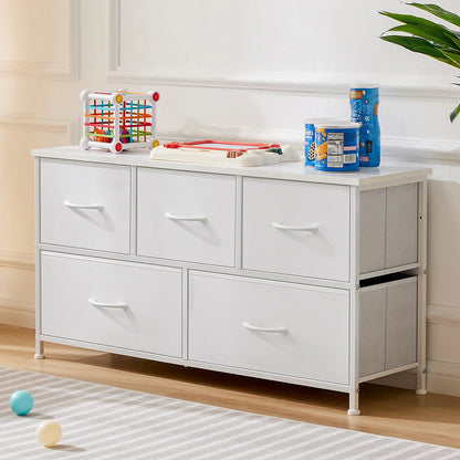 Modern 5-Drawer Storage Cabinet with Wood Top & Metal Frame