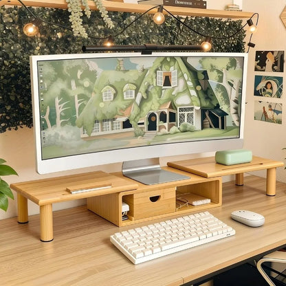 Adjustable Bamboo Dual Monitor Stand with Storage Drawer
