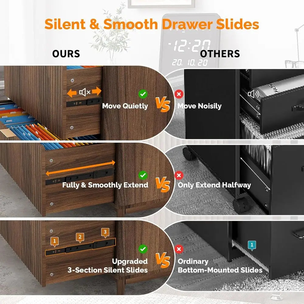 Premium Fluted Wood Filing Cabinet with Dual Storage Drawers