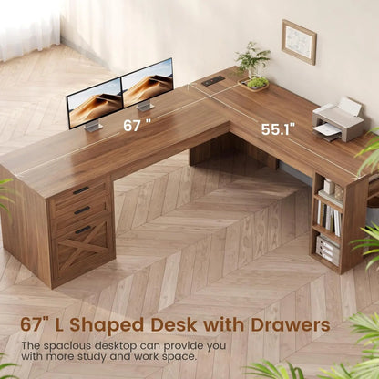Farmhouse L-Shaped Desk with File Drawer & Built-In Charging Station